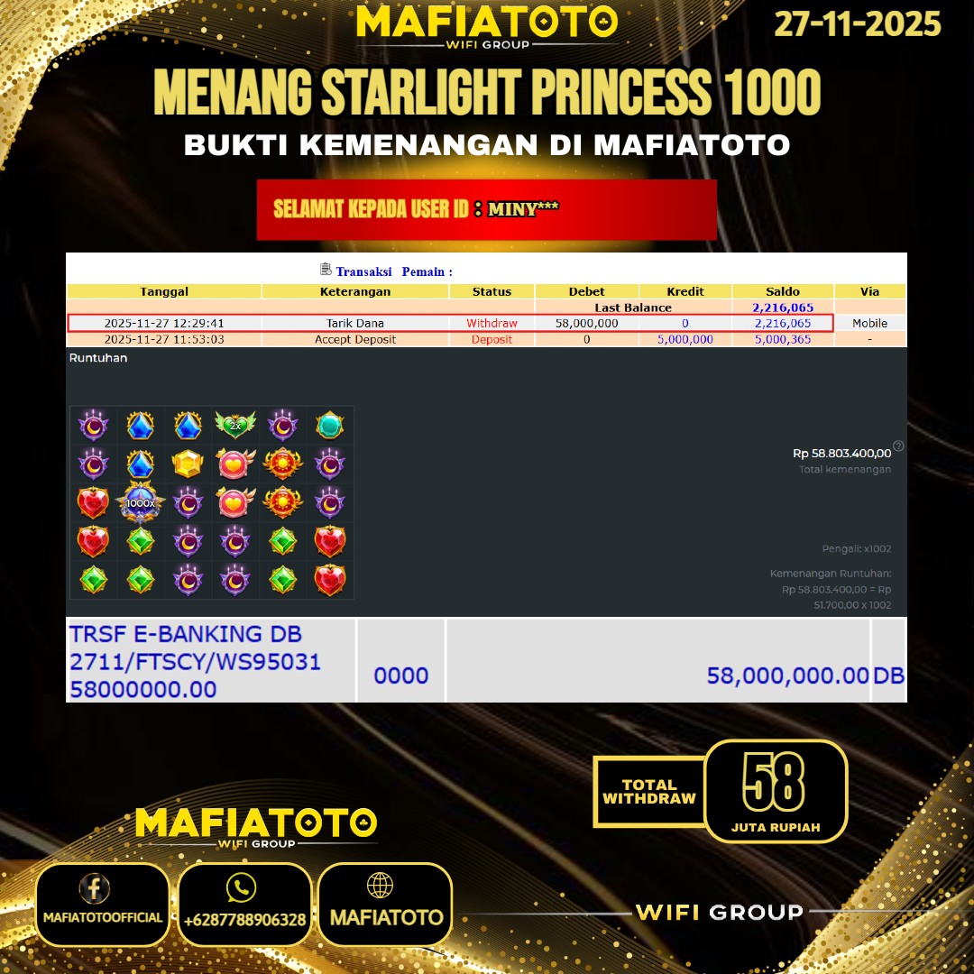 MAFIATOTO JACKPOT SLOT STARLIGHT PRINCESS 1000 RP.58.000.000 - LUNAS ID : MINY***	