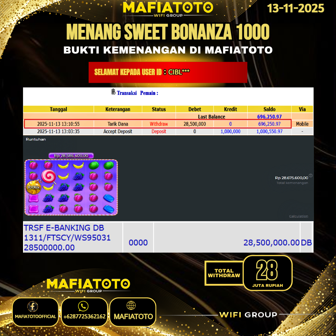 MAFIATOTO JACKPOT SLOT SWEET BONANZA 1000 RP.28.000.000 - LUNAS ID : CIBL***