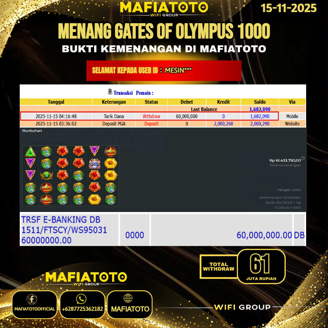 MAFIATOTO JACKPOT SLOT GATES OF OLYMPUS 1000 RP.61.000.000 - LUNAS ID : MESIN***