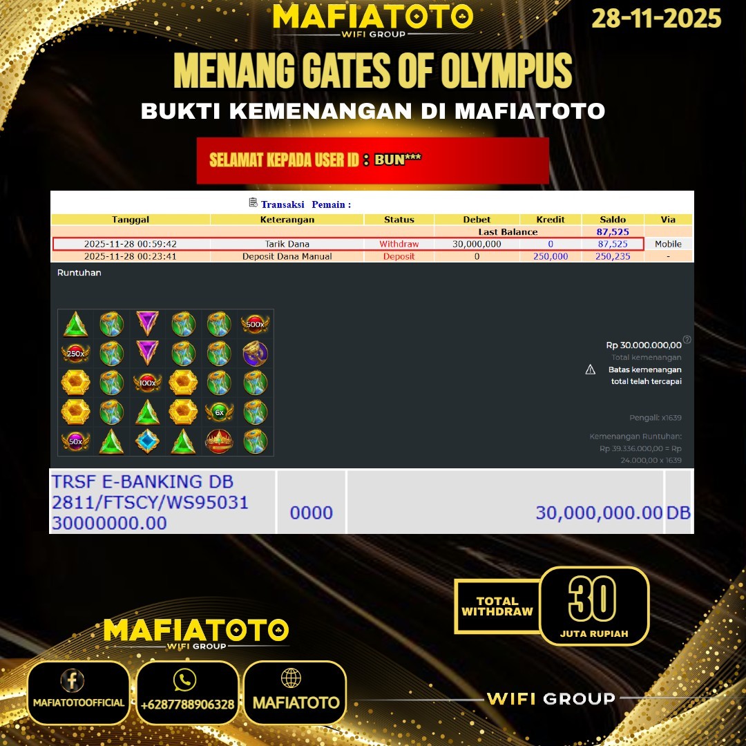 MAFIATOTO JACKPOT SLOT GATES OF OLYMPUS RP.30.000.000 - LUNAS ID : BUN***	