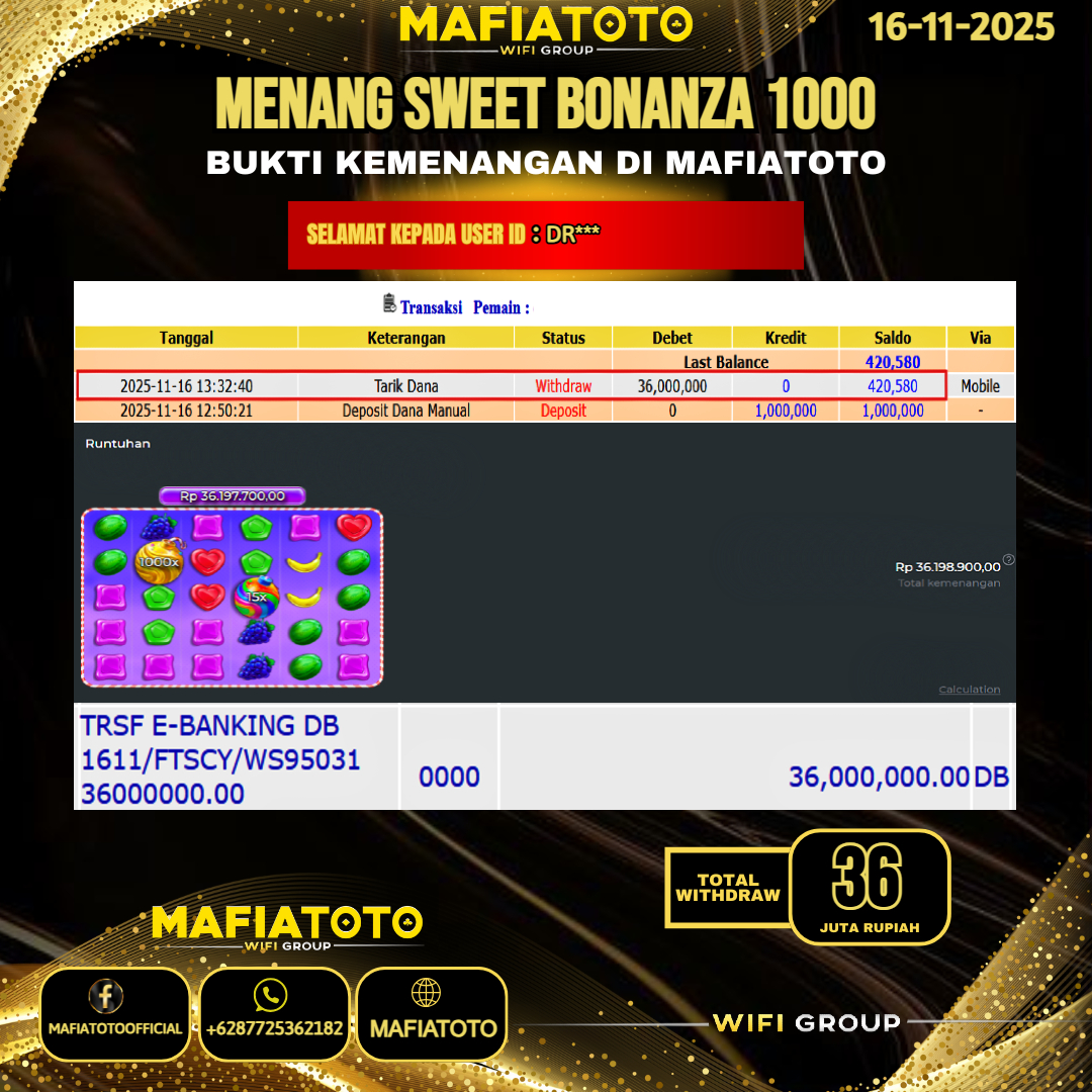 MAFIATOTO JACKPOT SLOT SWEET BONANZA 1000 RP.36.000.000 - LUNAS ID : DR***