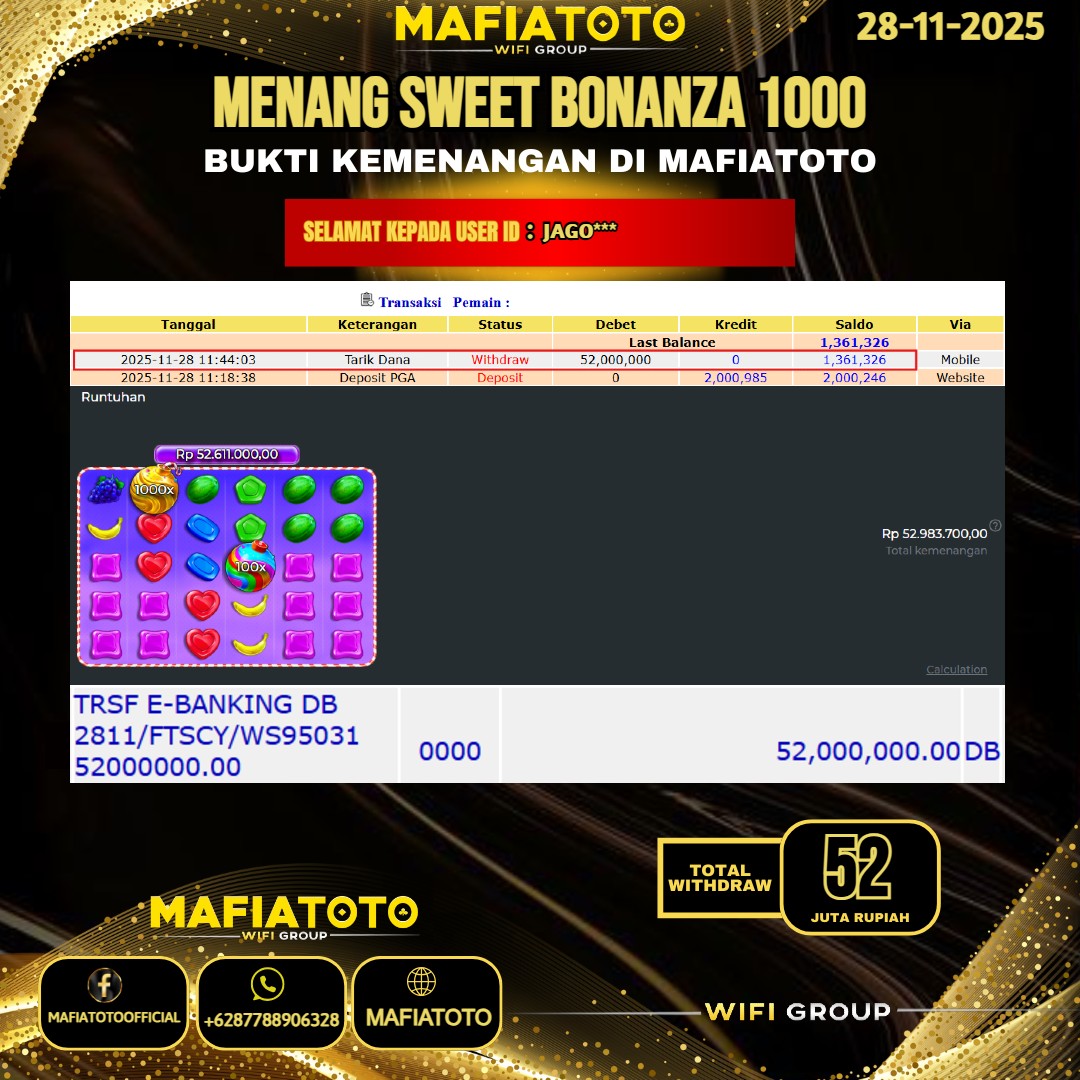 MAFIATOTO JACKPOT SLOT SWEET BONANZA 1000 RP.52.000.000 - LUNAS ID : JAGO***	