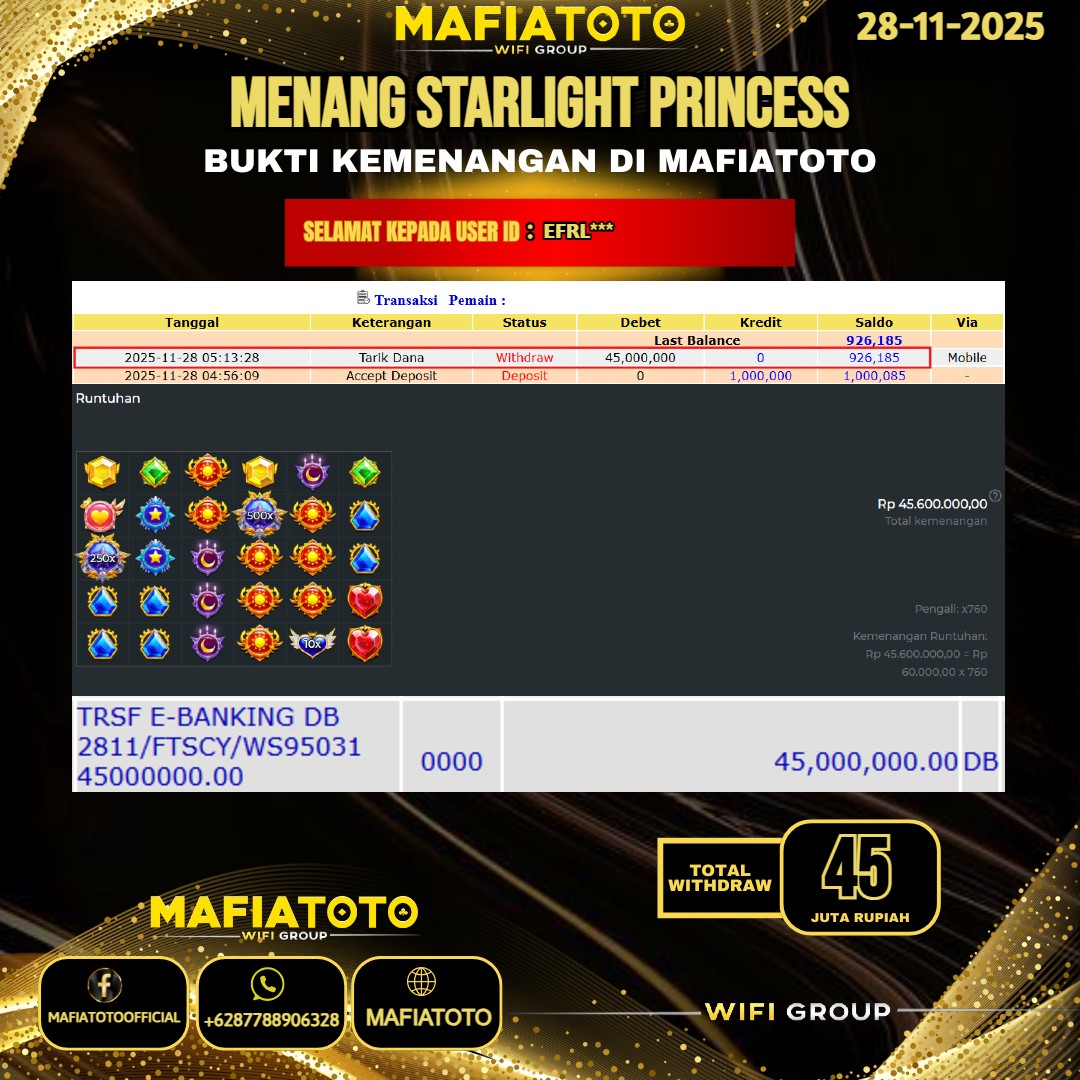 MAFIATOTO JACKPOT SLOT STARLIGHT PRINCESS RP.45.000.000 - LUNAS ID : EFRL***	