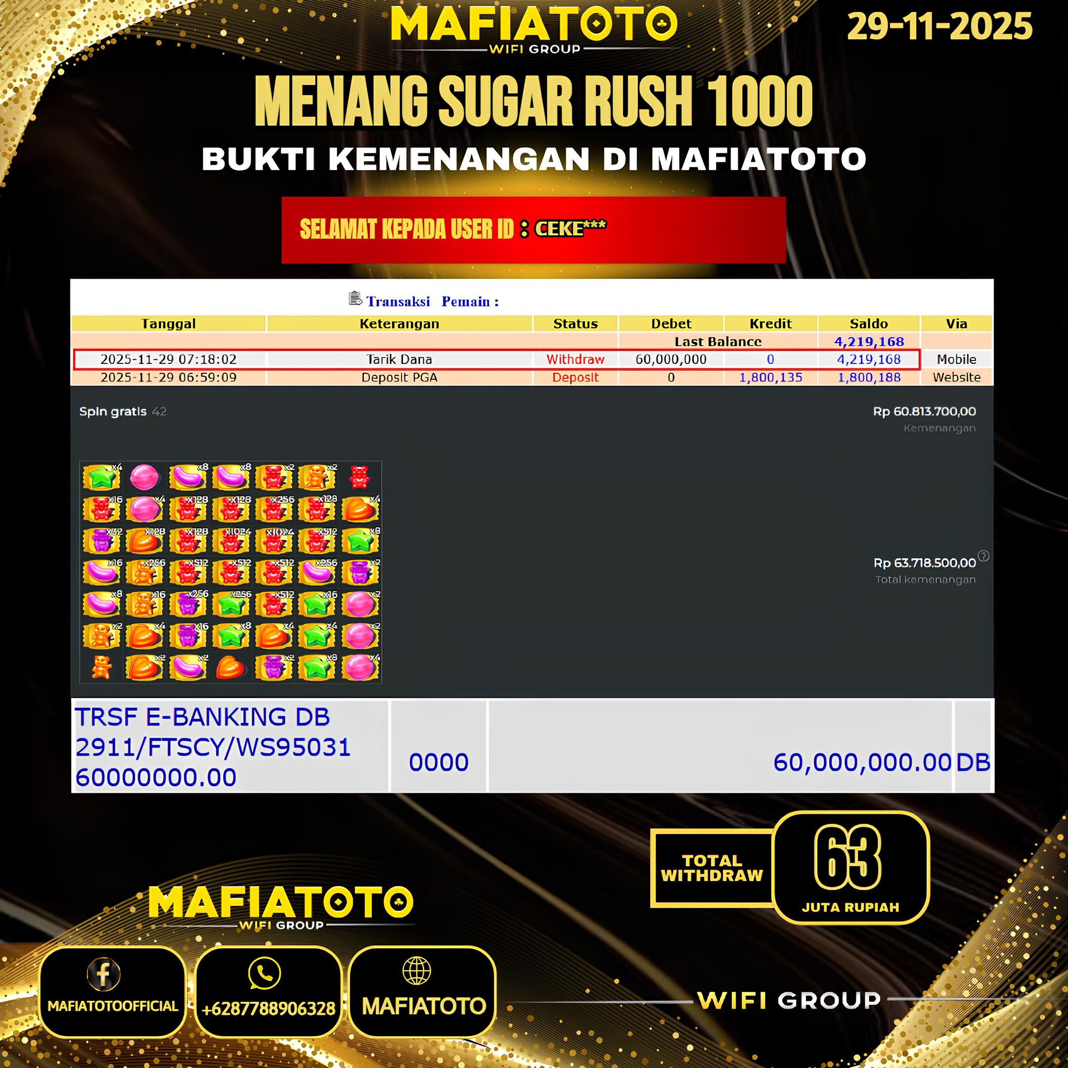 MAFIATOTO JACKPOT SLOT SUGAR RUSH 1000 RP.63.000.000 - LUNAS ID : CEKE***	