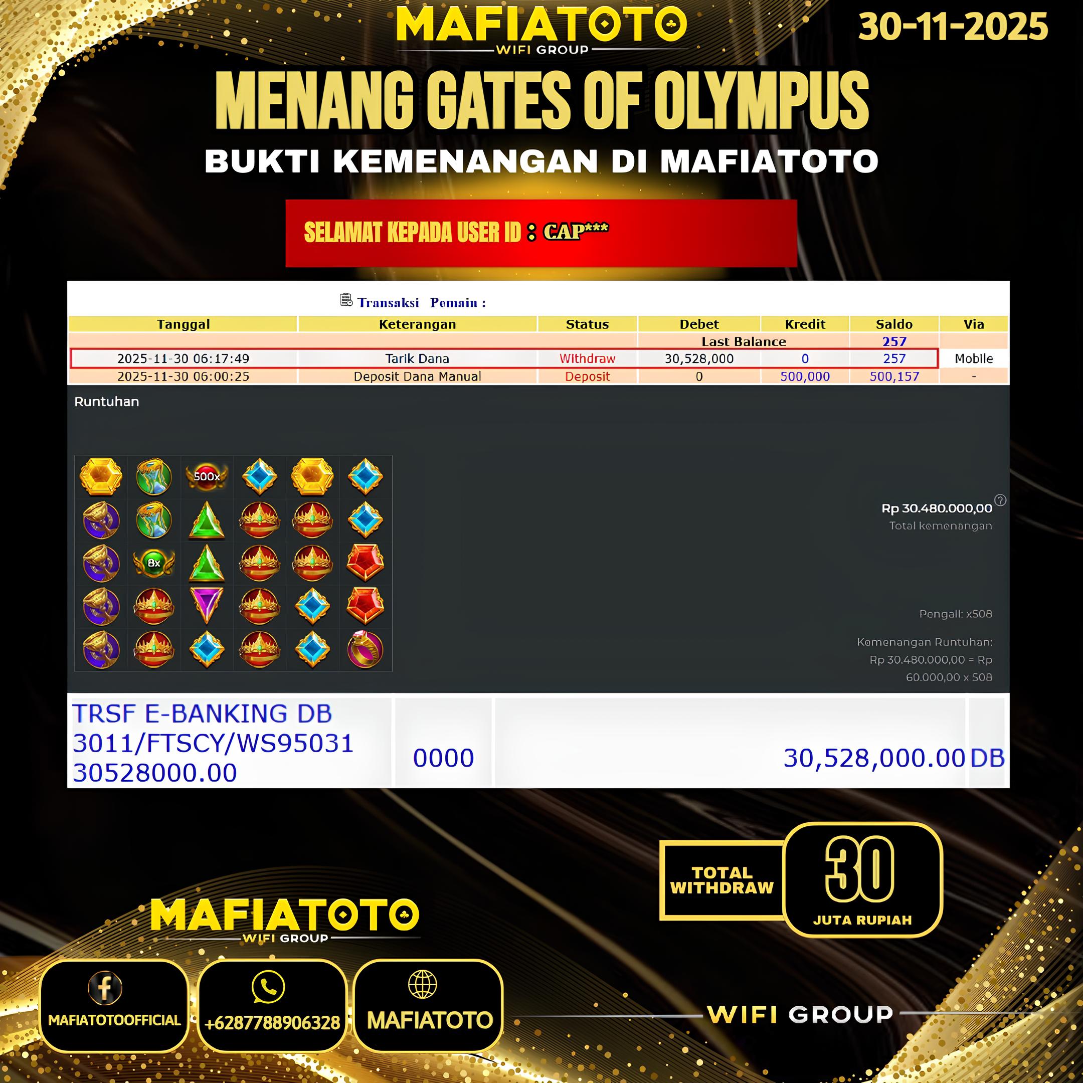 MAFIATOTO JACKPOT SLOT GATES OF OLYMPUS RP.30.000.000 - LUNAS ID : CAP***	