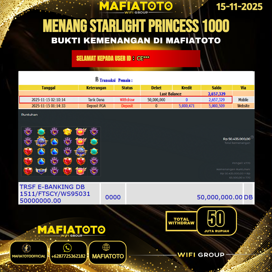MAFIATOTO JACKPOT SLOT STARLIGHT PRINCESS 1000 RP.50.000.000 - LUNAS ID : CE***