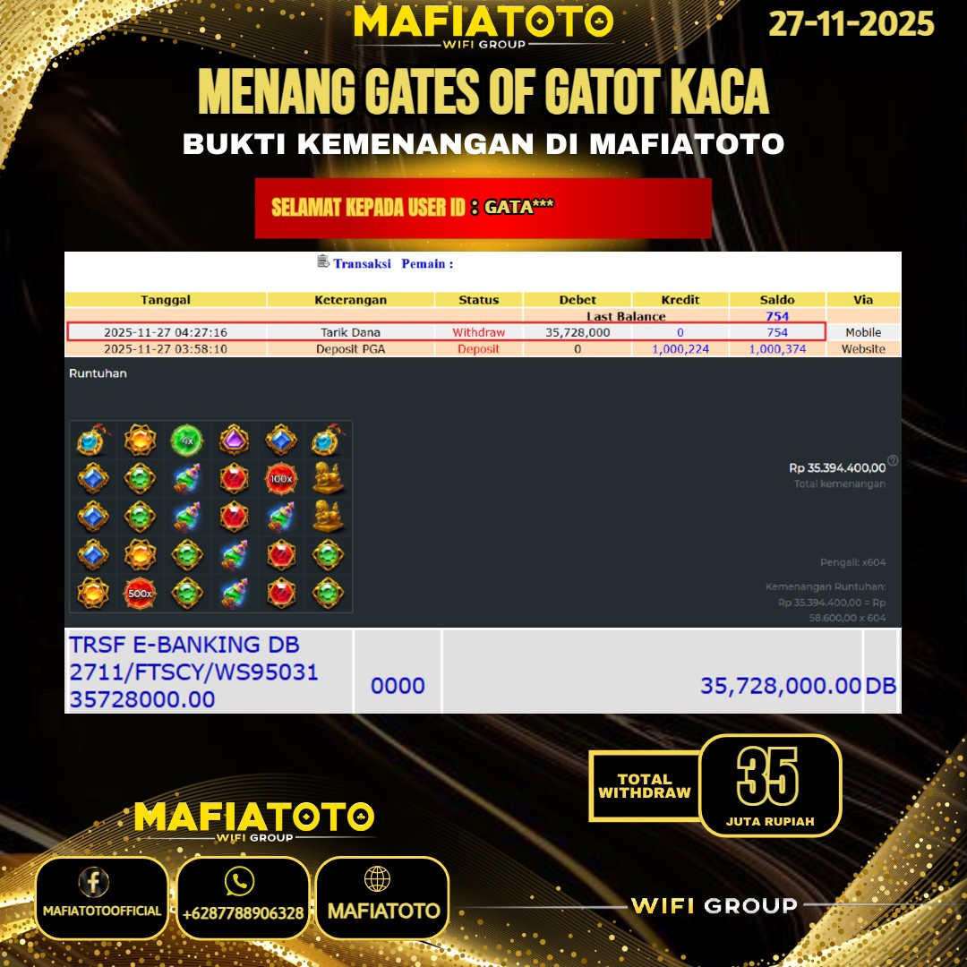 MAFIATOTO JACKPOT SLOT GATES OF GATOT KACA RP.35.000.000 - LUNAS ID : GATA***	