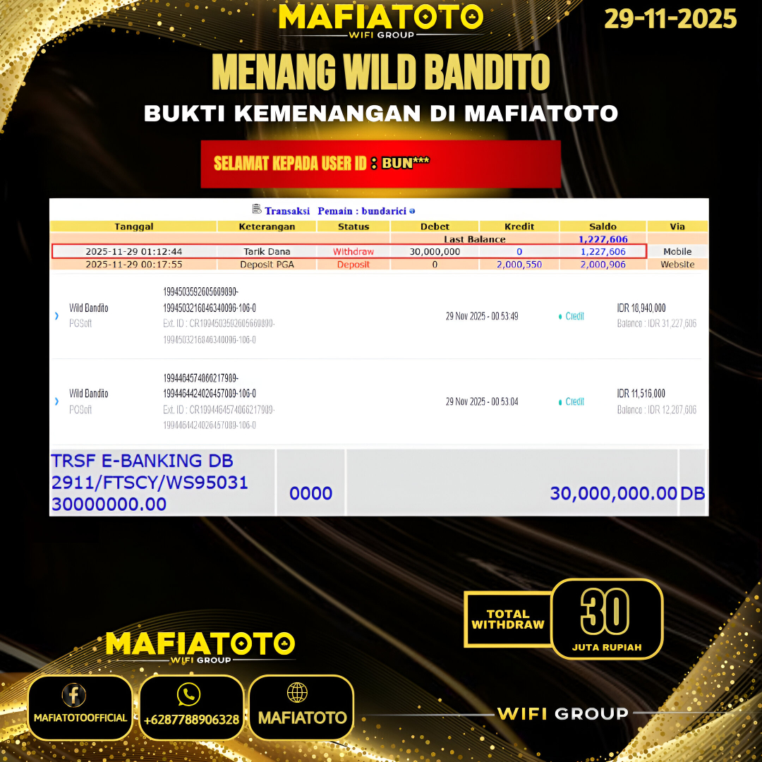 MAFIATOTO JACKPOT SLOT WILD BANDITO RP.30.000.000 - LUNAS ID : BUN***	