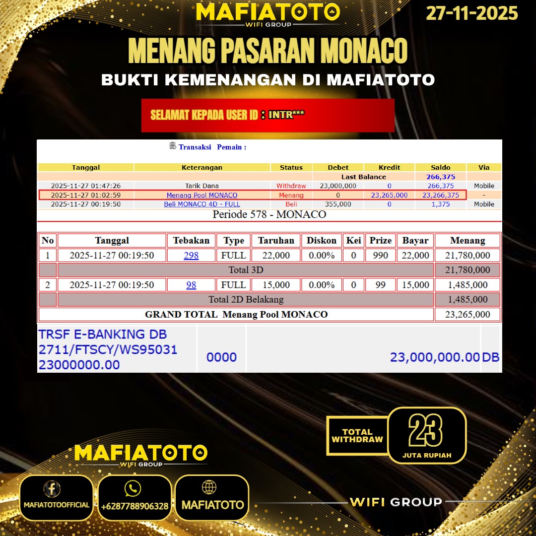 MAFIATOTO JACKPOT TOGEL PASARAN MONACO RP.23.000.000 - LUNAS ID : INTR***