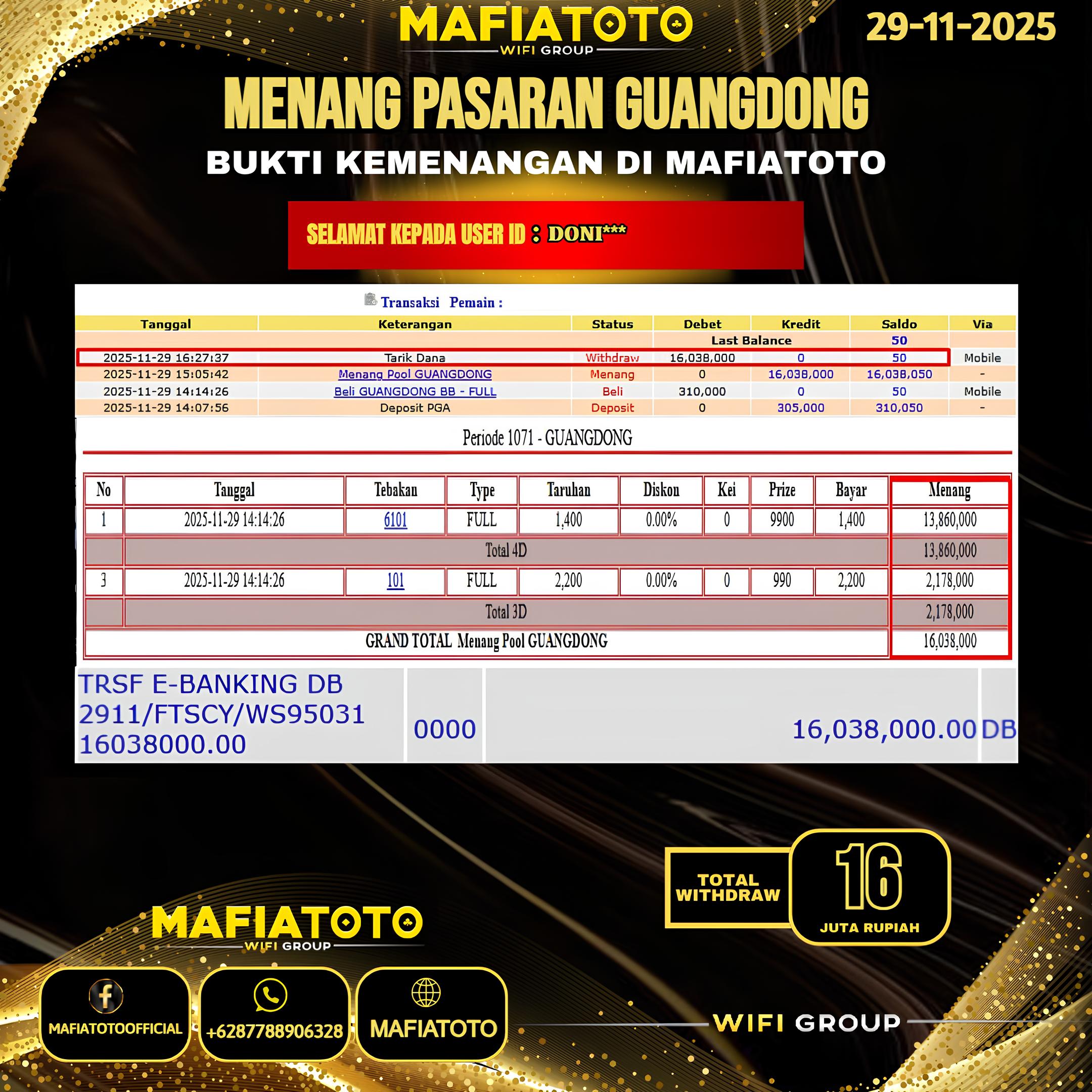 MAFIATOTO JACKPOT TOGEL PASARAN GUANGDONG RP.16.000.000 - LUNAS ID : DONI***