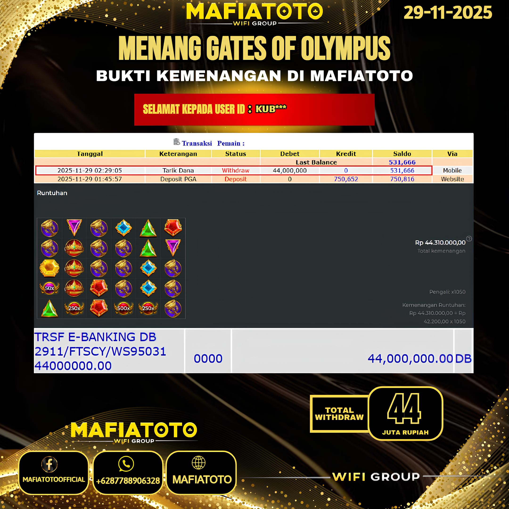 MAFIATOTO JACKPOT SLOT GATES OF OLYMPUS RP.44.000.000 - LUNAS ID : KUB***	