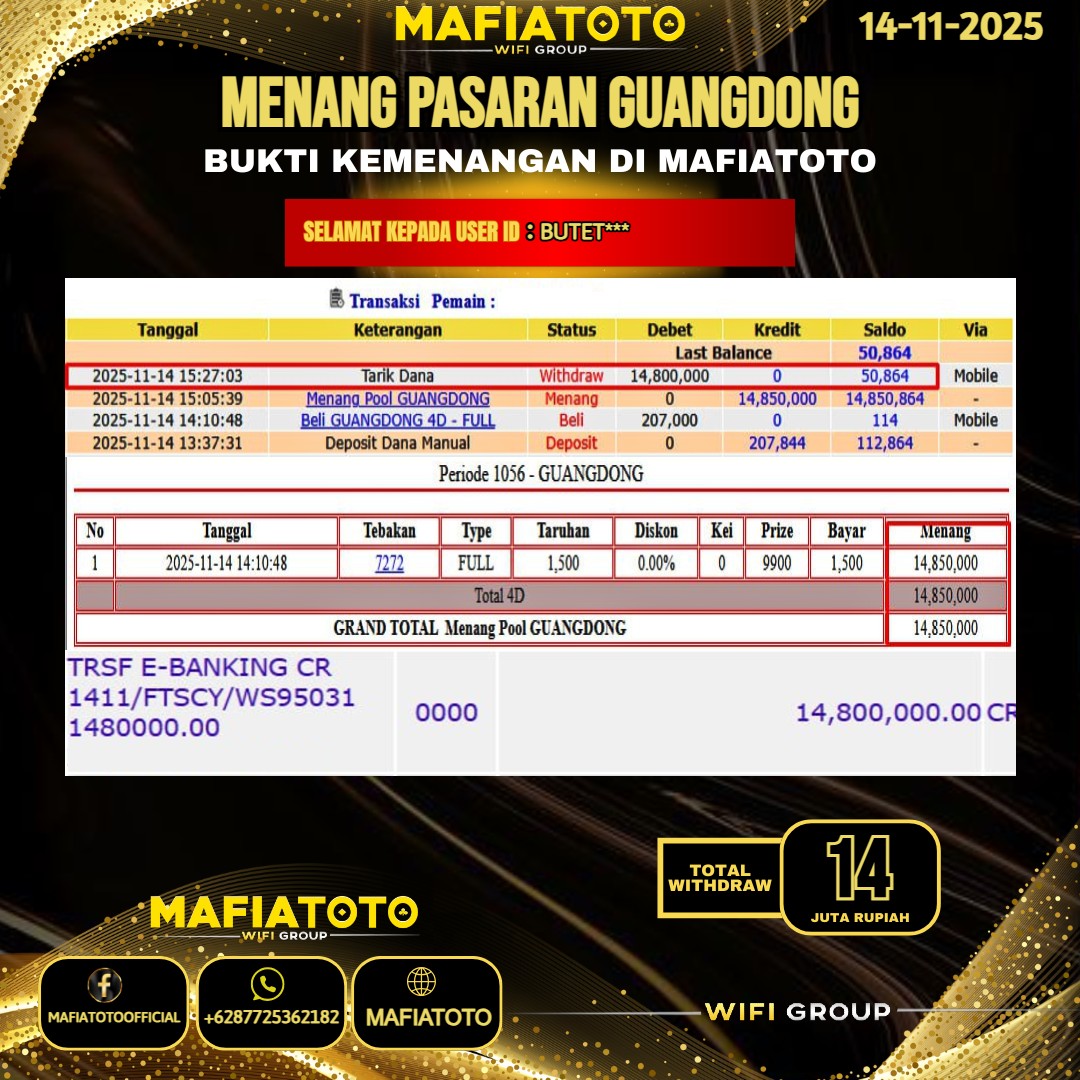 MAFIATOTO JACKPOT TOGEL PASARAN GUANGDONG RP.14.000.000 - LUNAS ID : BUTET***