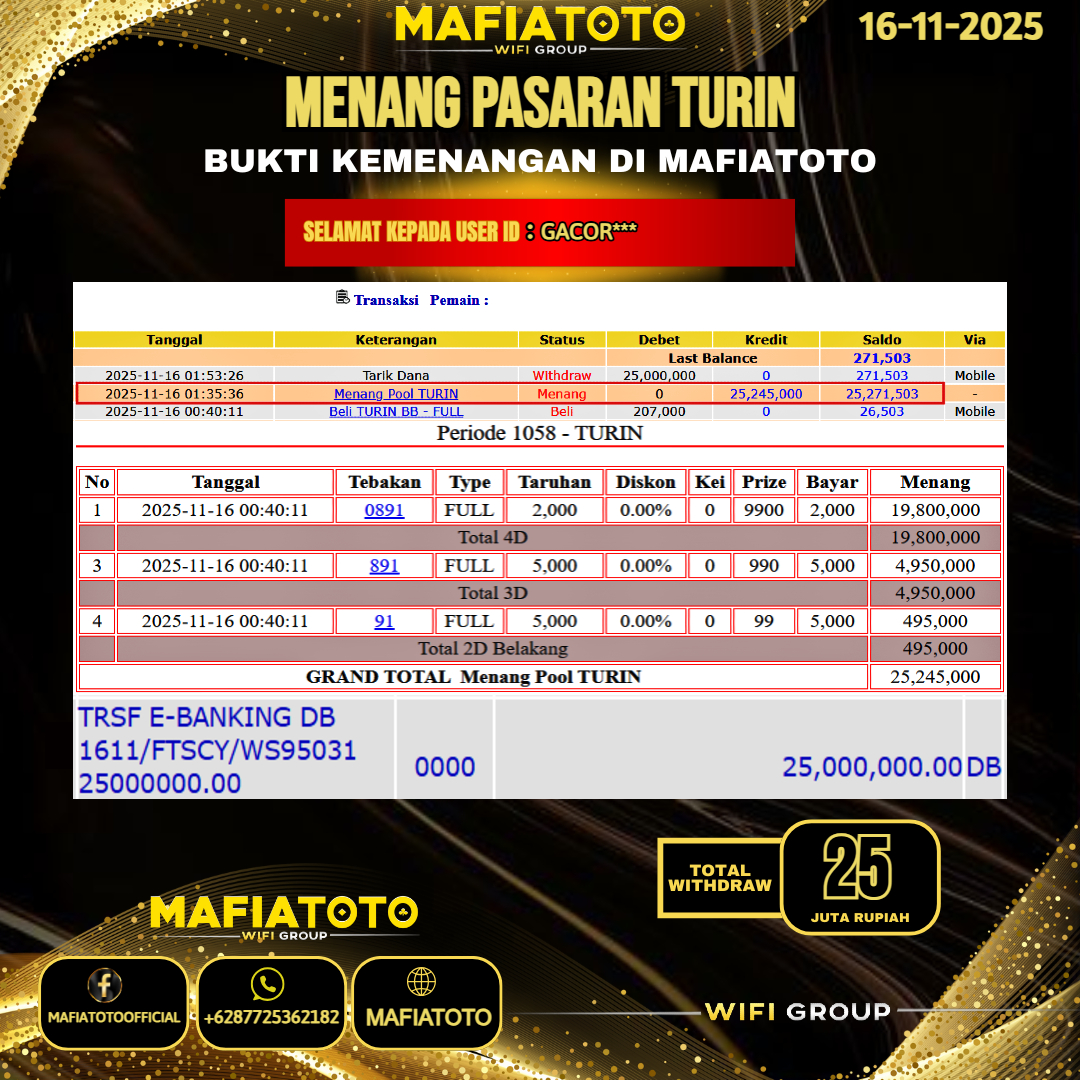 MAFIATOTO JACKPOT TOGEL PASARAN TURIN RP.25.000.000 - LUNAS ID : GACOR***