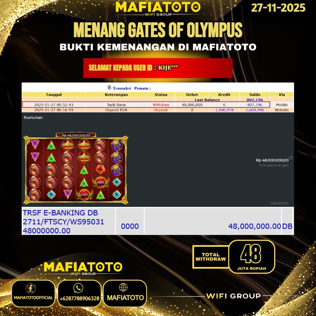 MAFIATOTO JACKPOT SLOT GATES OF OLYMPUS RP.48.000.000 - LUNAS ID : KIJE***	