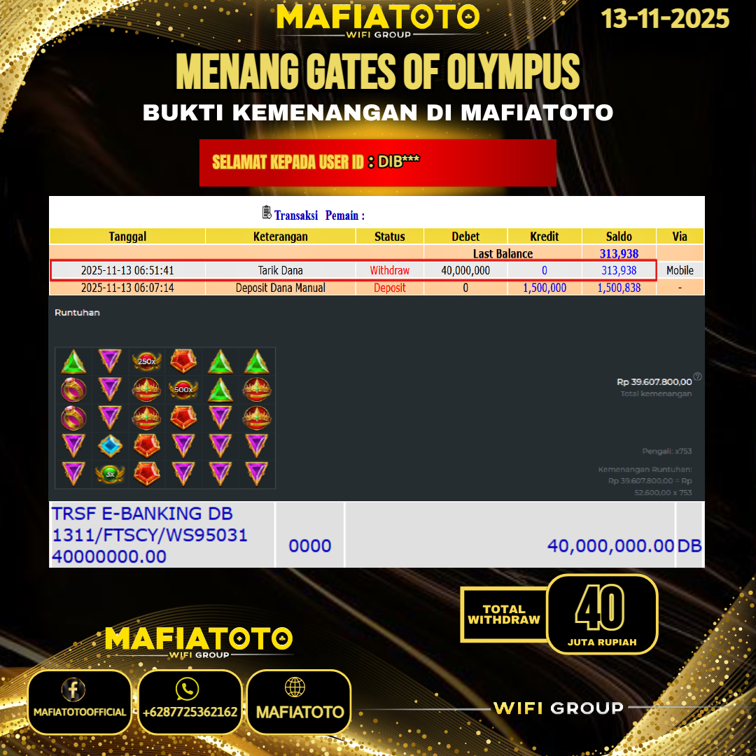 MAFIATOTO JACKPOT SLOT GATES OF OLYMPUS RP.40.000.000 - LUNAS ID : DIB***