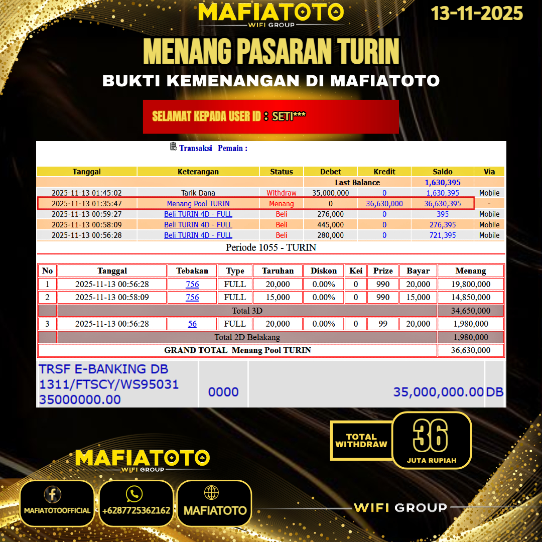 MAFIATOTO JACKPOT TOGEL PASARAN TURIN RP.36.000.000 - LUNAS ID : SETI***