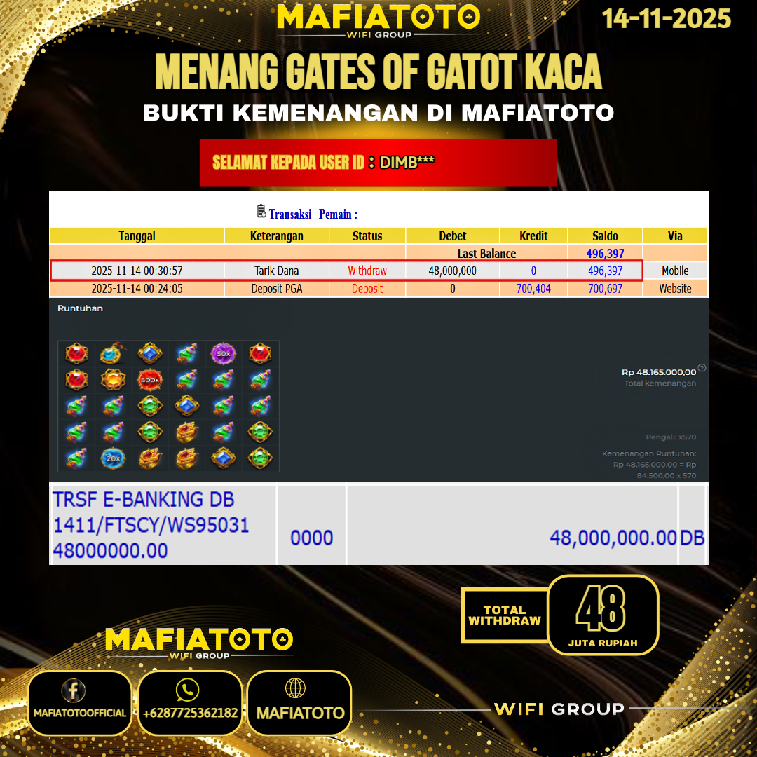 MAFIATOTO JACKPOT SLOT GATES OF GATOT KACA RP.48.000.000 - LUNAS ID : DIMB***