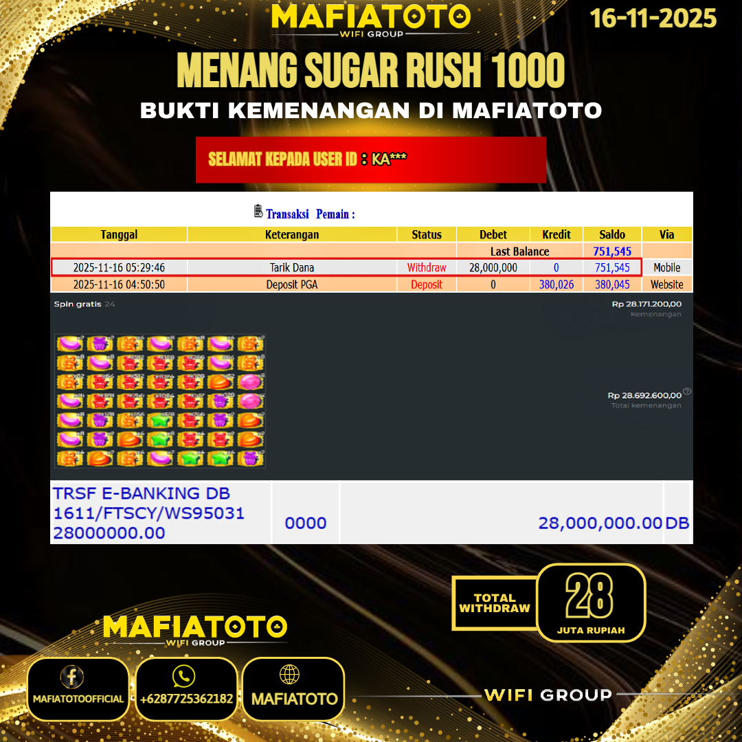 MAFIATOTO JACKPOT SLOT SUGAR RUSH 1000 RP.28.000.000 - LUNAS ID : KA***