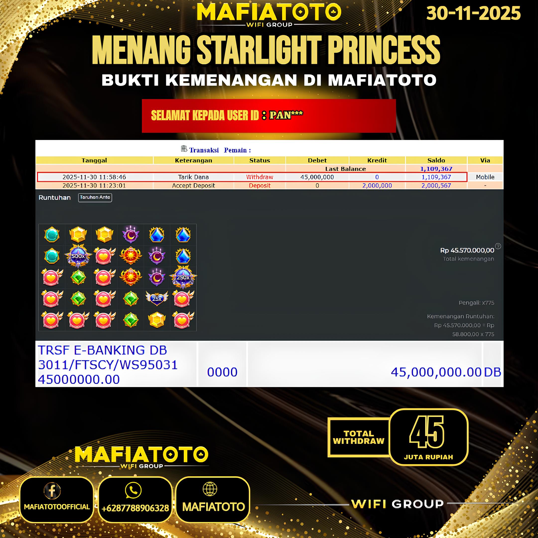 MAFIATOTO JACKPOT SLOT STARLIGHT PRINCESS RP.45.000.000 - LUNAS ID : PAN***	