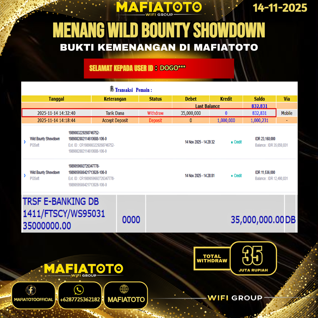 MAFIATOTO JACKPOT SLOT WILD BOUNTY SHOWDOWN RP.35.000.000 - LUNAS ID : DOGO***