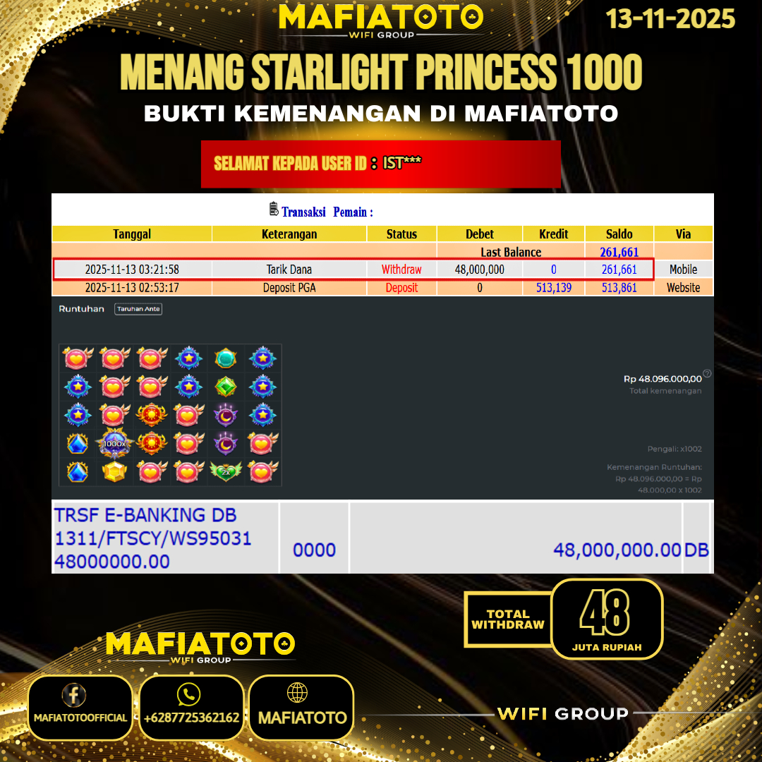 MAFIATOTO JACKPOT SLOT STARLIGHT PRINCESS 1000 RP.48.000.000 - LUNAS ID : IST***